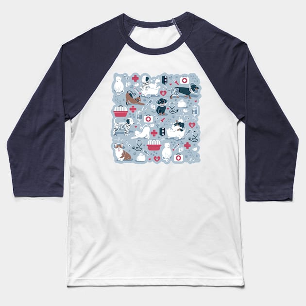 Veterinary medicine, happy and healthy friends // pastel blue background red details navy blue white and brown cats dogs and other animals Baseball T-Shirt by SelmaCardoso